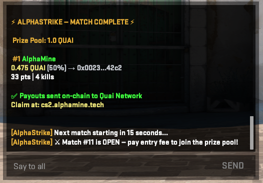 AlphaStrike in-game match complete — payouts sent on-chain