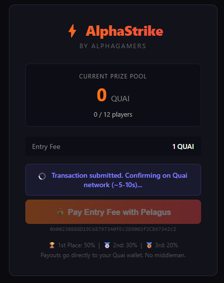 AlphaStrike payment page — pay entry fee with Pelagus wallet